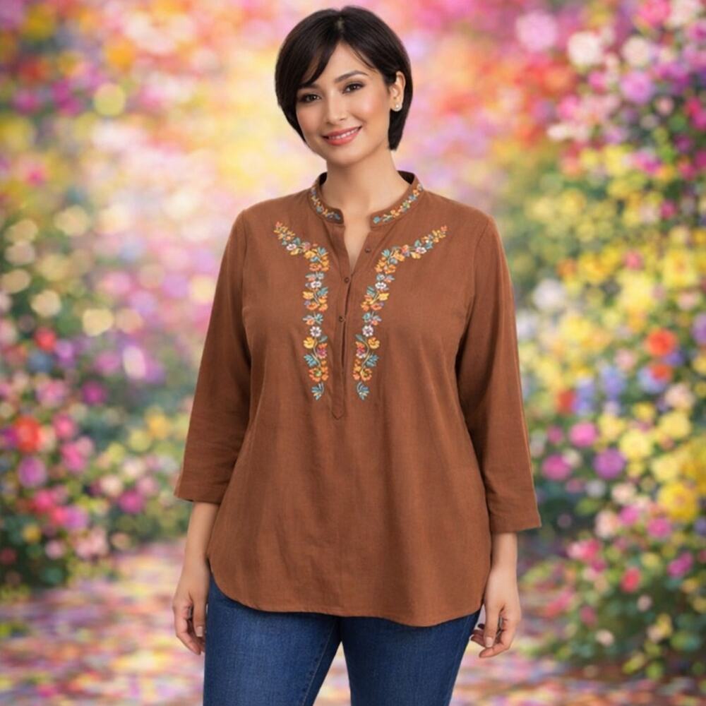 C22 Adrian Delafield Brown Floral Embroidery Size XXA